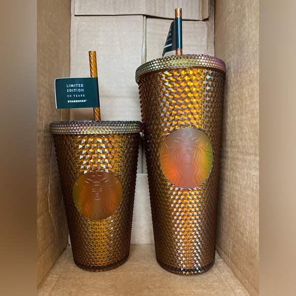 NWT Starbucks 50th Anniversary Venti & Grande Set Honeycomb Gold Studded Tumbler - Picture 1 of 4
